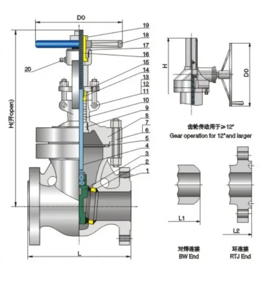 Structure and product views for Bolted valve cover, exposed stem, elastic gate Class300