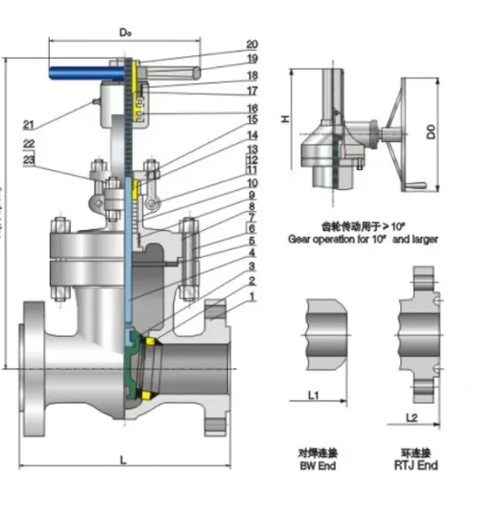Structure and product views for Bolted valve cover, exposed stem, elastic gate Class600